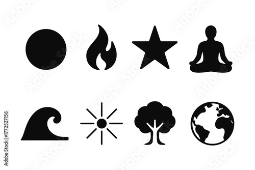 Minimalist nature and lifestyle icons: meditation, fire, earth, and more