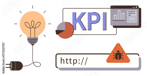 Light bulb for ideas, KPI metrics with charts, bug alert, and search bar reflect analytics, productivity, innovation, cybersecurity, goals, performance and digital safety as a simple flat metaphor