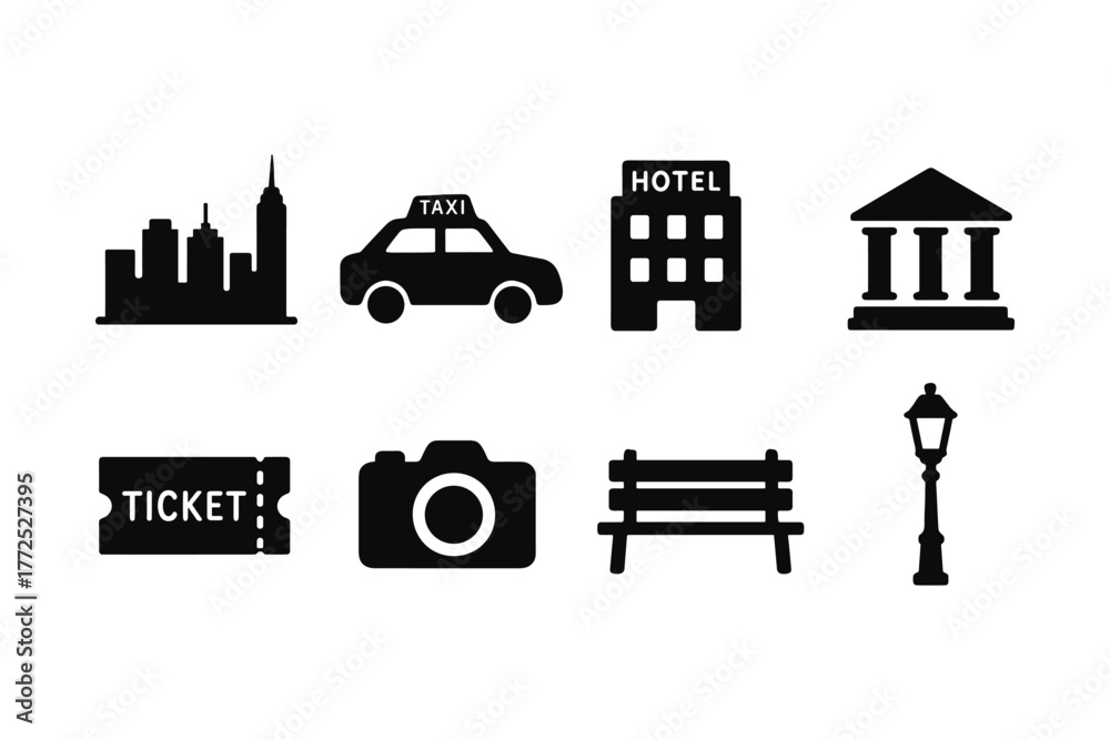 Naklejka premium Collection of urban silhouette icons: cityscape, transport, architecture, and leisure elements