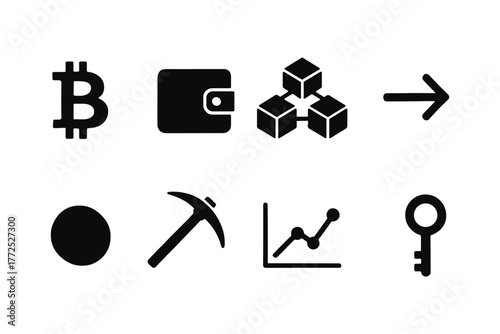 Cryptocurrency icons set featuring bitcoin, blockchain, wallet, and mining tools in black silhouette