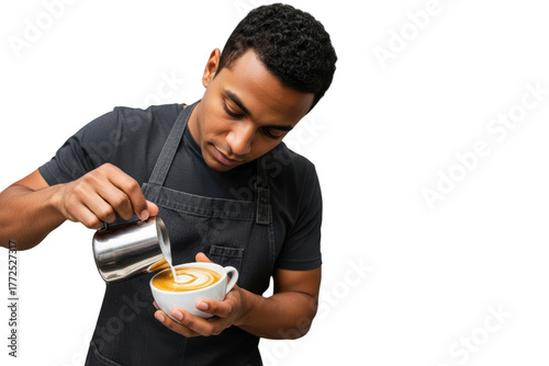A man pouring cappuccino from a silver pitcher into a white cup, against transparent background