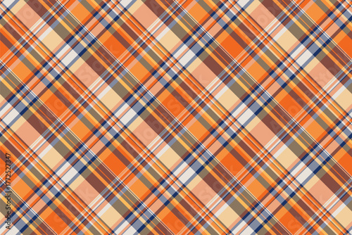 Square pattern plaid textile, neat check tartan background. Lovely fabric seamless vector texture in orange and red colors.
