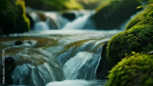 A tranquil forest scene of a babbling brook with clear water cascading over lush green moss-covered rocks