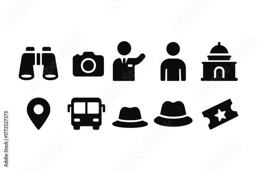 Travel and tourism icons set: flat silhouette style for maps and guides