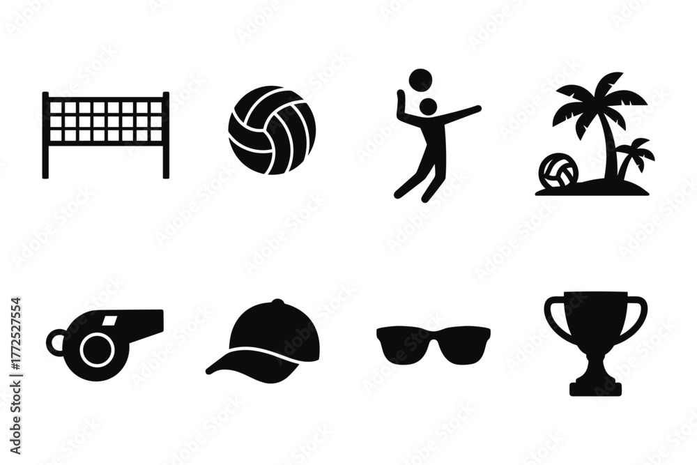 Fototapeta premium Beach volleyball icons: silhouettes of net, ball, player, and tropical elements for summer sports