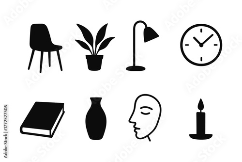 Minimalist home decor icons: furniture, lighting, and accessories collection