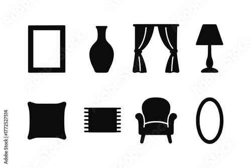 Home decor icons set: silhouette furniture and accessories for interior design