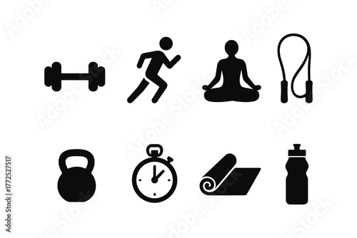 Fitness icon set: silhouette gym equipment and exercise symbols