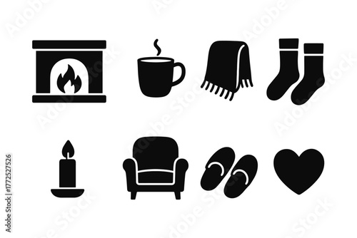Cozy elements silhouette collection with fireplaces, mugs, and socks