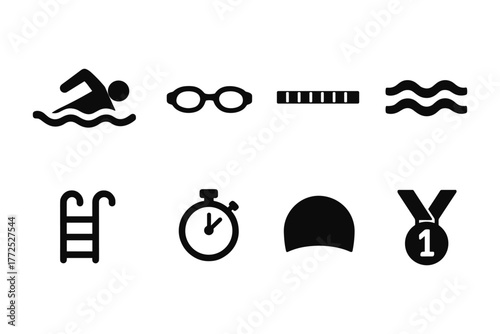 Swimming icons set: essentials for training and competition in minimal style