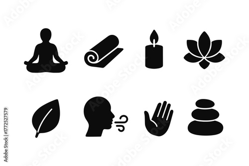 Mindfulness icons set: yoga, meditation, spa, and wellness symbols in silhouette style