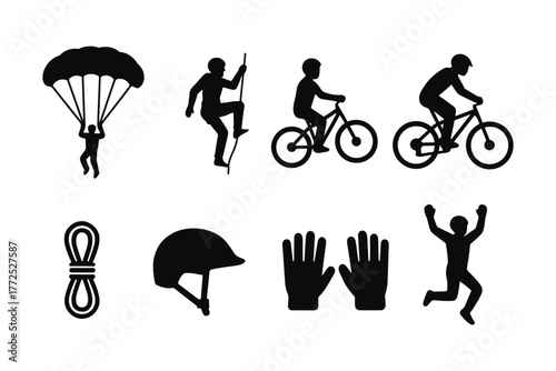 Silhouette set of outdoor adventure activities and gear for enthusiasts