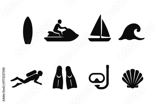 Water activities icon set: surfing, sailing, diving, jet skiing, and more
