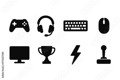 Set of gaming icons: headset, keyboard, mouse, trophy, monitor, game controller