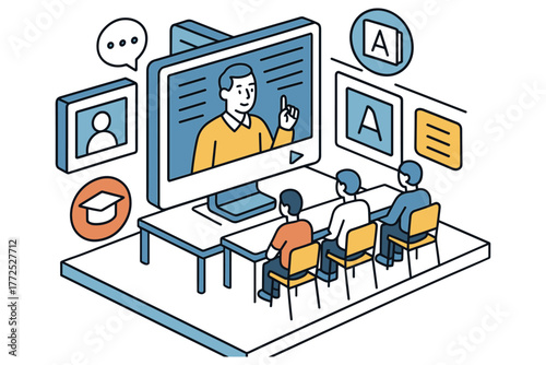 Online education isometric concept with virtual classroom and students at desks