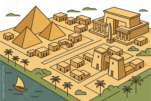 Ancient egyptian cityscape with pyramids and temples in isometric style