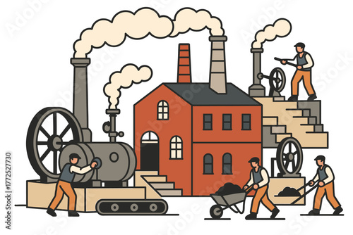Industrial revolution factory scene with workers and machinery in flat design