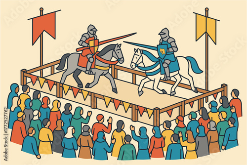 Medieval jousting tournament with knights on horses in front of a lively audience