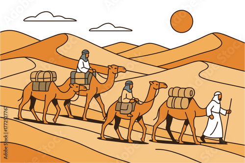 Caravan of camels crossing the desert landscape with nomads under the sun