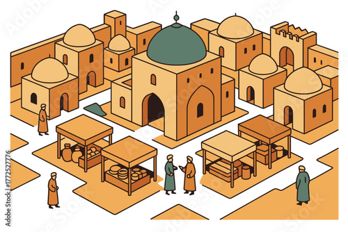 Historic middle eastern marketplace in isometric style with ancient architecture and figures