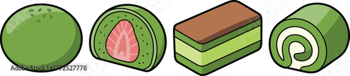 Matcha desserts variety, green sweets, mochi, Swiss roll, layered cake, fruit filling, gourmet treat, Asian 