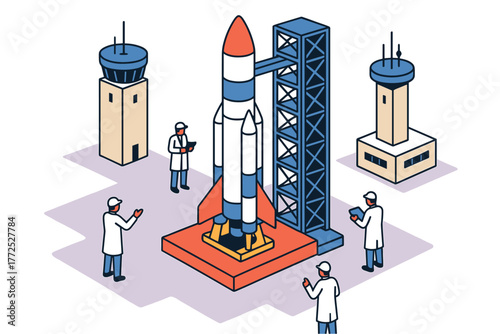 Rocket launch preparation in isometric design with engineers
