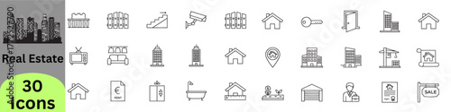 Set of 30 real estate thin line icons. Vector symbols for property, housing, construction, and architecture.
