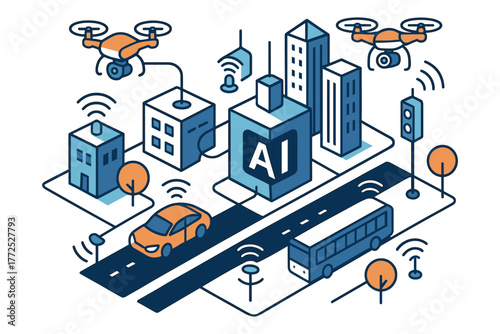 Smart city ai technology: urban mobility and connectivity in isometric design