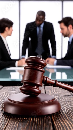 Wooden gavel on table with blurred view of people in background. Decision-making, court concept