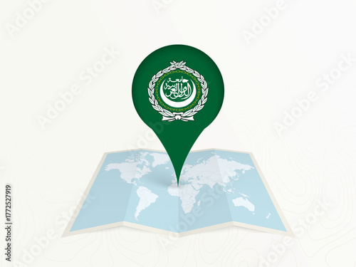 Arab League Map Pin with National Flag on Open World Map.