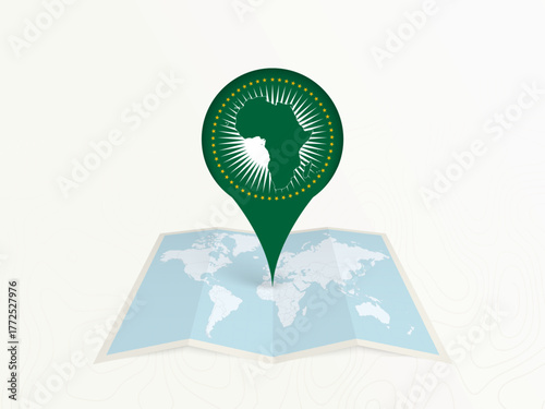 African Union Map Pin with National Flag on Open World Map.