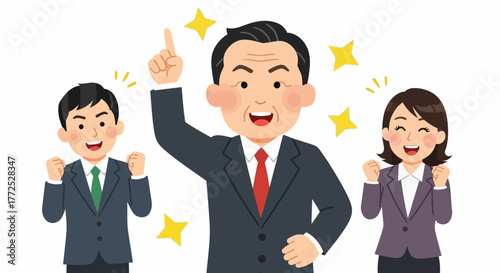 Cartoon illustration of a triumphant businessman with two colleagues celebrating success in a joyful and celebratory mood against a clean white background.