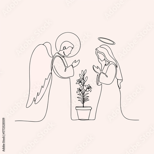Angel and Mary grace illustration with minimal lines, presenting Easter lily in pot. Angel and Mary drawn in contour line style, showing spiritual event, flower, and halos.