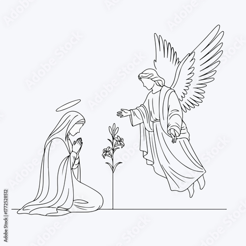 Annunciation scene depicts virgin Mary and angel Gabriel in delicate line art. Annunciation features Gabriel's message with Mary kneeling in prayer, lilies symbolize purity and devotion,