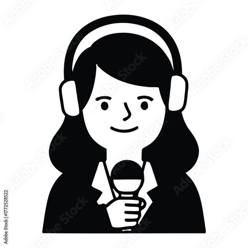 Female presenter with headphones and microphone for live broadcasting and recording