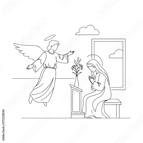 Mary and angel in minimalist line art drawing, depicting scene of annunciation. Annunciation of Mary shows angel, halo, wings, and praying virgin with flower vase.