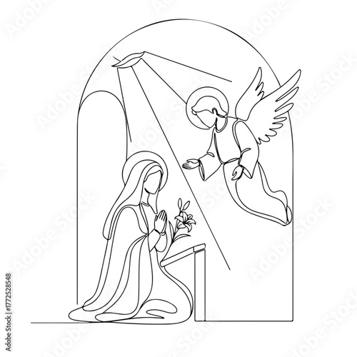 Annunciation scene depicted in minimalist style, featuring Mary and angel Gabriel in simple line drawing. Annunciation concept shows moment of revelation and holy encounter,