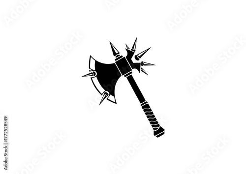 Blade of the Reckoner: A Spiked Fantasy Battle Axe with Ornate Curves and Wrapped Grip—A Fierce Silhouette of Power, Combat, and Mythic Legacy Forged for Warriors of Imagination
