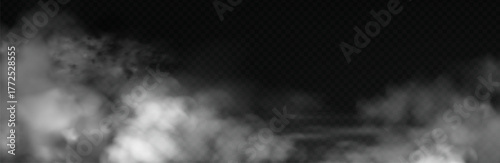White smoke cloud with overlay effect on dark background. Realistic fog texture spreading along the floor.