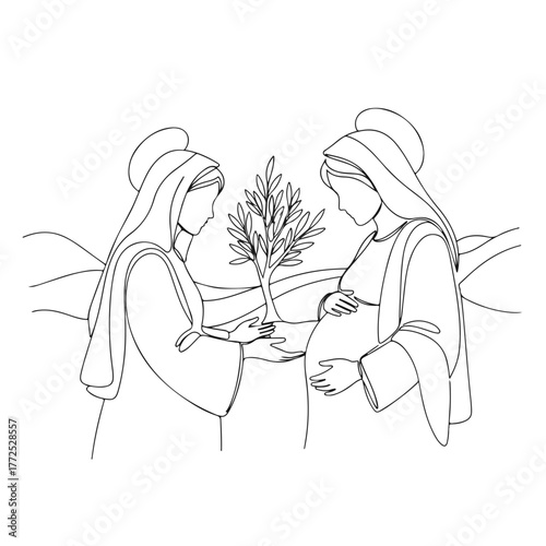 Biblical history portrayed in linear drawing of Mary and Elizabeth with barren tree, embodying faith. Biblical history depicted with figures in robes, against backdrop of barren land,