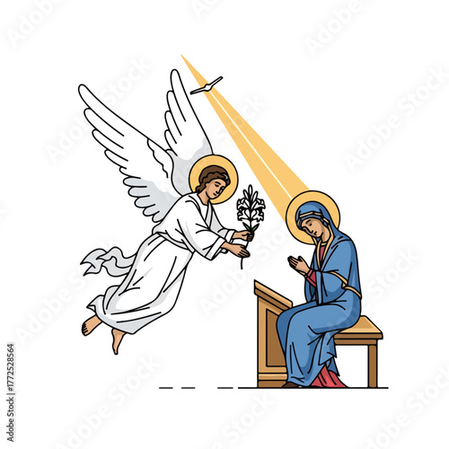 Annunciation scene depicts Virgin Mary and Archangel Gabriel, delivering message from God. Annunciation art shows angel with wings giving lilies to Mary, symbolizing purity.