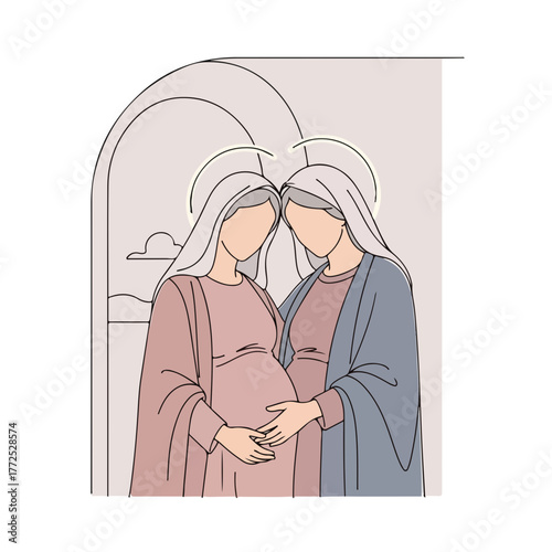 Expecting mothers in biblical history, portrait of two pregnant women with halos in simple linear style. Expecting mothers standing together, showcasing maternal bond and anticipation of new life.