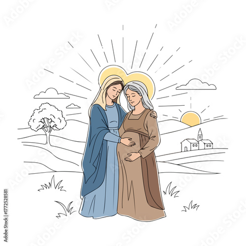 Visitation of Mary and Elizabeth in minimalistic illustration showing two women in biblical history. Visitation scene includes Mary and Elizabeth in an embrace, in vintage illustration style.