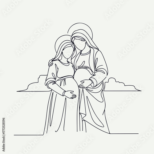 Pregnant Mary and Elizabeth depicted in continuous line art against a plain background. Pregnant Mary is accompanied by her cousin Elizabeth,