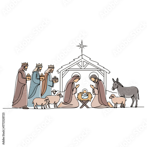Nativity scene with Jesus, Mary, and Joseph in stable, nativity scene in continuous line drawing. Nativity scene including three wise men, sheep, donkey, and star of Bethlehem.