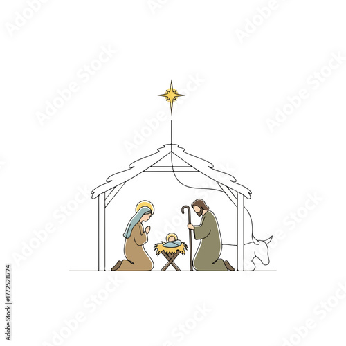 Nativity scene depicting Mary, Joseph, and baby Jesus in manger, minimal line drawing. Nativity scene conveys peaceful devotion with biblical figures under star.