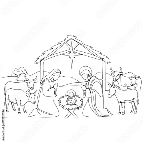 Nativity scene displays continuous line drawing with Joseph, Mary, and Jesus in manger. Nativity scene captures holy family's reverence and farm animals watching in humble awe.