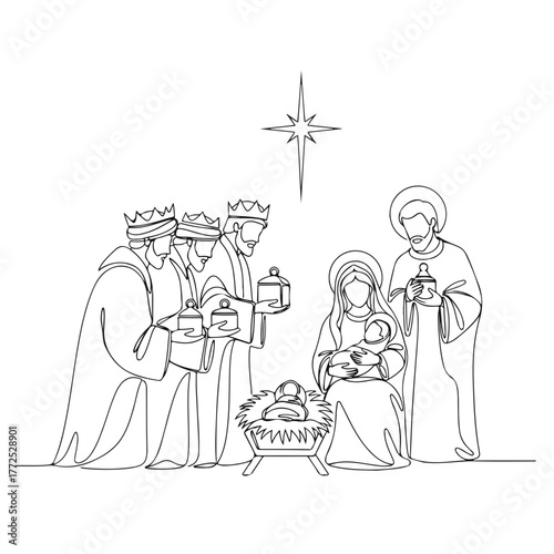 Nativity scene with continuous line drawing of Three Wise Men, Virgin Mary, and baby Jesus in manger. Nativity scene depicts biblical figures and sparkling star on white backdrop,