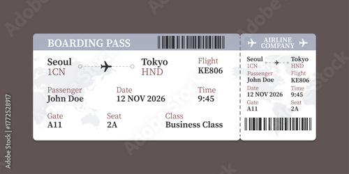 Realistic illustration of airplane ticket boarding pass with passenger name and destination. Concept of travel, journey or business trip.