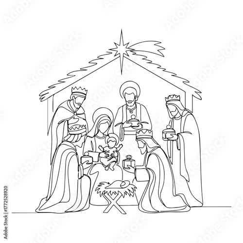 Continuous line art of Nativity scene depicting birth of Jesus, Mary, Joseph, and three wise men, continuous line of Biblical event. Symbolic illustration continuous line artwork,